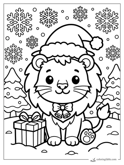 Kawaii lion in a Santa hat beside a wrapped gift, with snowflakes and snowy pine trees