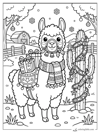 Kawaii Christmas llama with gifts, bells, scarf, decorated cactus, barn, ornaments, and falling snow