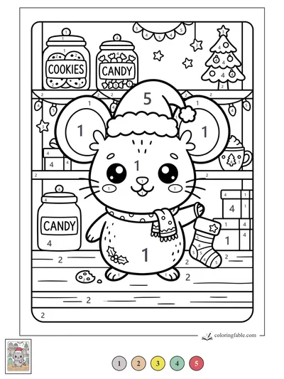 Kawaii Christmas Mouse in the Sweet Shop — color by number