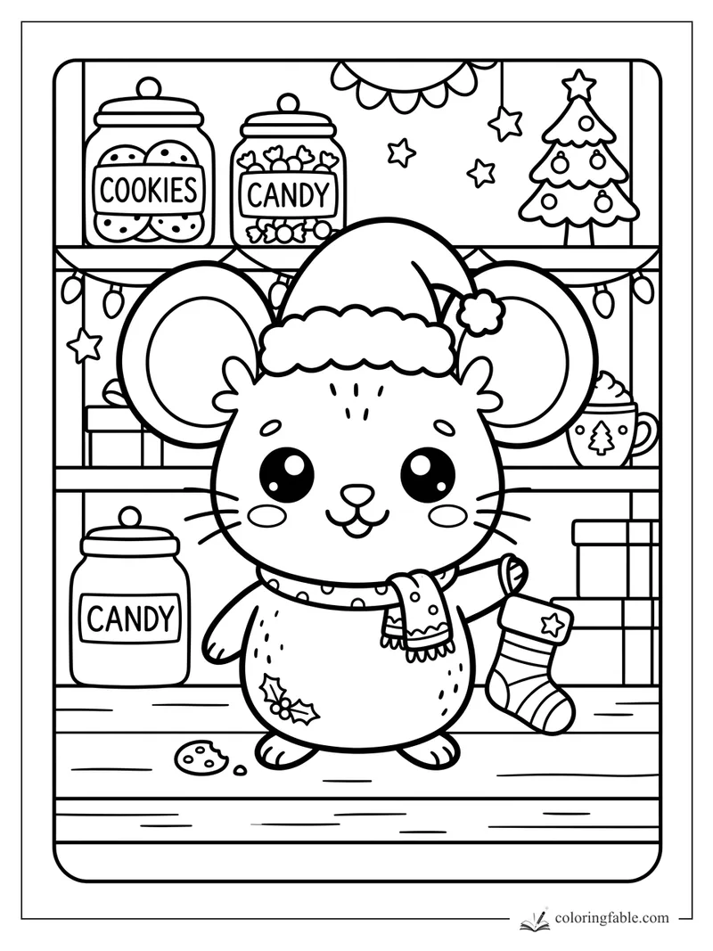Kawaii Christmas mouse in Santa hat holding a stocking, with cookie and candy jars on shelves.