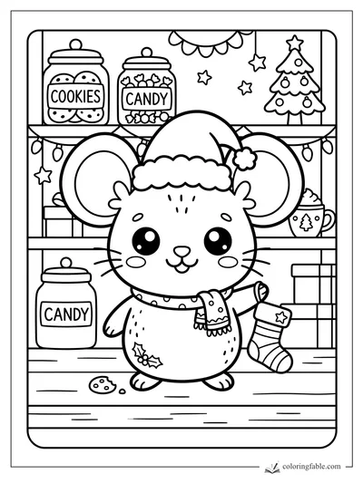 Kawaii Christmas mouse in Santa hat holding a stocking, with cookie and candy jars on shelves.