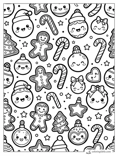 Kawaii Christmas stickers with smiling ornaments, candy canes, gingerbread cookies, stars, and trees.
