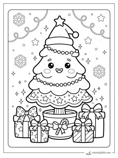 Kawaii Christmas tree with Santa hat, bead garlands, gifts, snowflakes, stars, and curling ribbons.