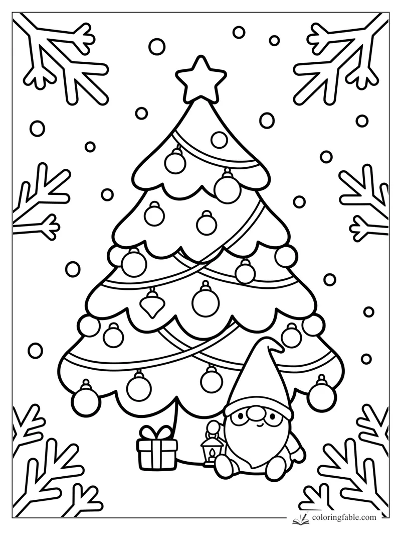 Kawaii Christmas tree with ornaments, star topper, seated gnome, gift, lantern, snow dots, and branch border