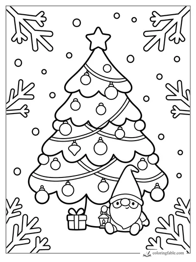 Kawaii Christmas tree with ornaments, star topper, seated gnome, gift, lantern, snow dots, and branch border