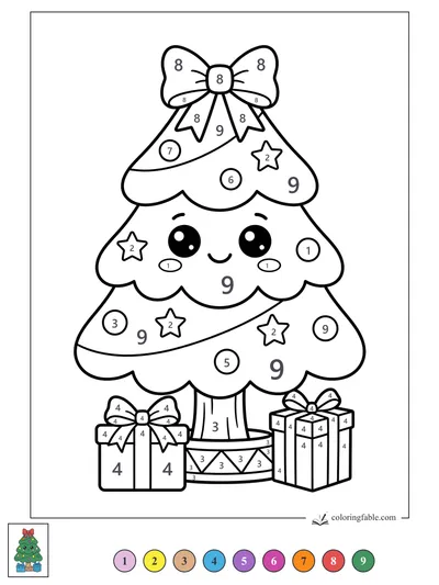Kawaii Christmas Tree with Big Bow and Gifts — color by number