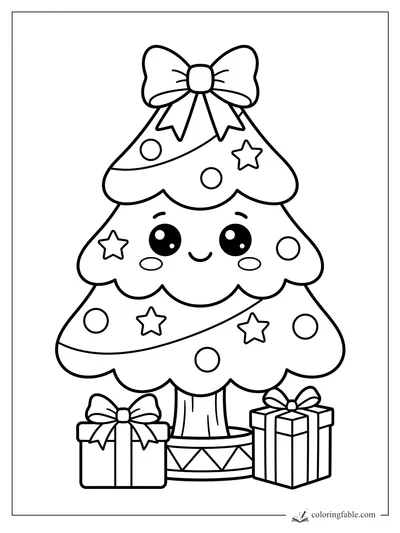 Kawaii Christmas tree with a face, top bow, star ornaments, round baubles, and two wrapped gifts.
