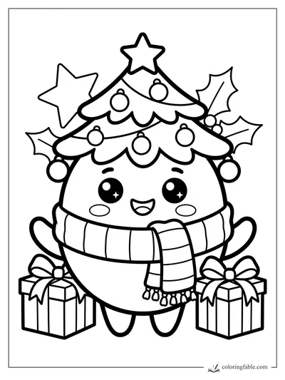 Kawaii Christmas tree in a scarf with star, holly leaves, ornaments, and two wrapped gifts