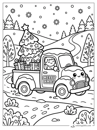 Kawaii Christmas truck with a smiling driver, tree, gifts, snow, and winding winter road.