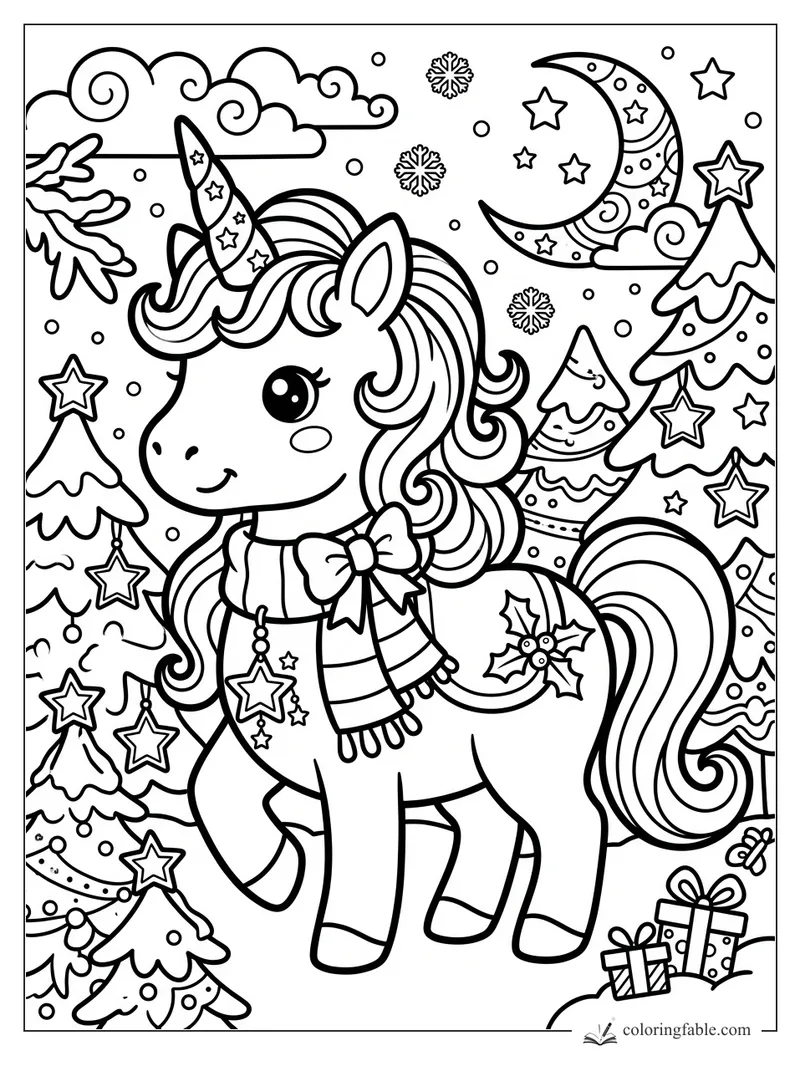 Kawaii unicorn with scarf, bow, holly mark, Christmas trees, stars, snowflakes, and crescent moon