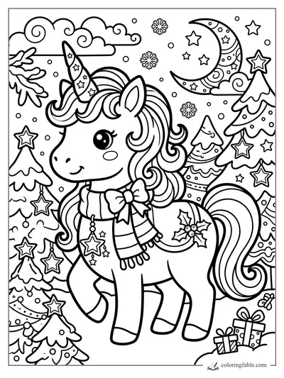 Kawaii unicorn with scarf, bow, holly mark, Christmas trees, stars, snowflakes, and crescent moon