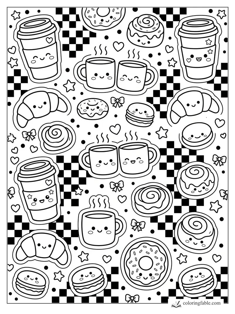 Kawaii coffee cups, croissants, donuts, macarons, hearts, bows, stars, and checkerboard blocks to color