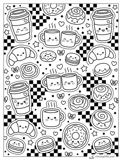Kawaii coffee cups, croissants, donuts, macarons, hearts, bows, stars, and checkerboard blocks to color