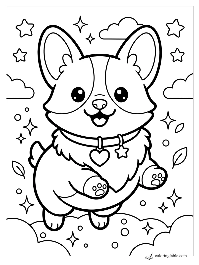 Kawaii corgi with big ears, collar charms, paw pads, clouds, stars, leaves, and bubbles.