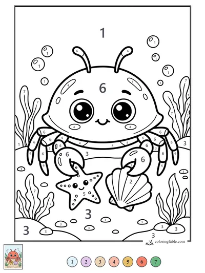 Kawaii Crab Holding a Starfish and Shell — color by number