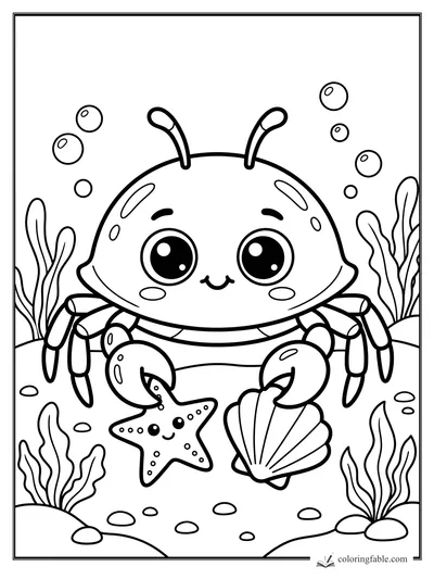 Kawaii crab with big eyes holding a smiling starfish and scallop shell among bubbles and seaweed