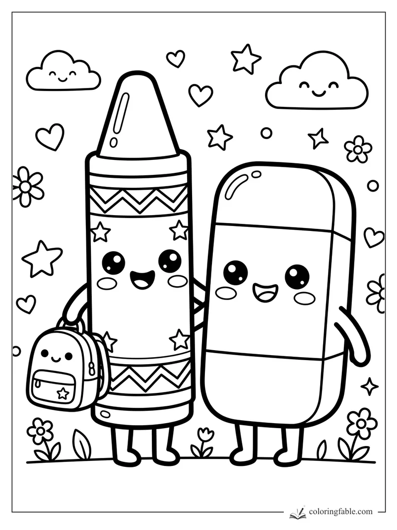 Kawaii crayon and eraser friends with a small backpack, stars, hearts, flowers, and smiling clouds.