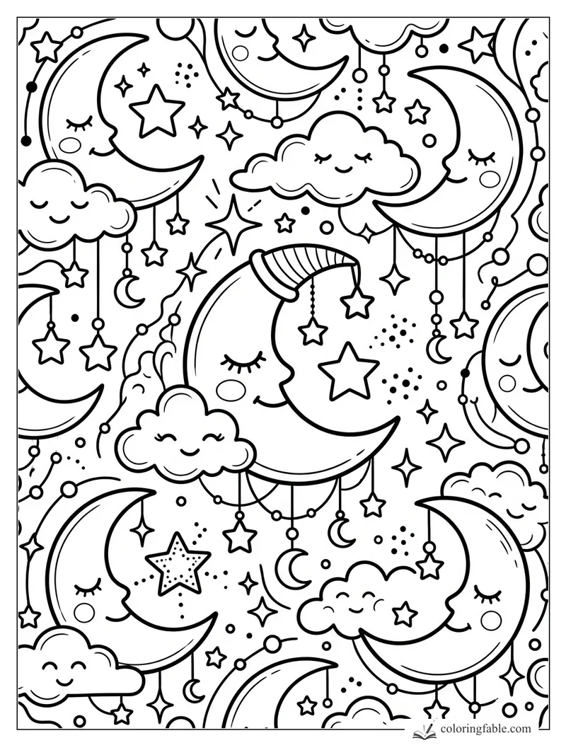 Kawaii crescent moons, smiling clouds, hanging stars, and bead garlands in a dreamy night pattern