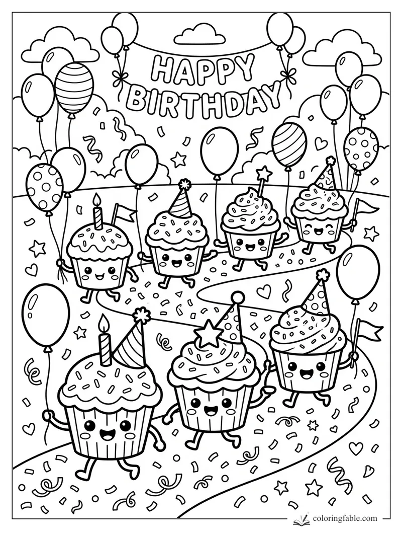 Kawaii cupcakes parade with balloons, party hats, confetti, clouds, and a Happy Birthday banner.