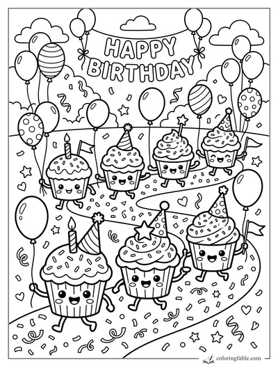 Kawaii cupcakes parade with balloons, party hats, confetti, clouds, and a Happy Birthday banner.
