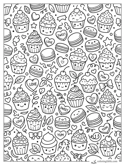 Kawaii cupcake and macaron coloring page with smiling treats, cherries, bows, stars, leaves, and candy hearts.