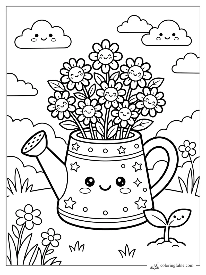 Kawaii daisies growing from a smiling watering can with stars, garden leaves, clouds, and tiny flowers.