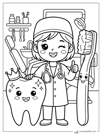 Kawaii dentist winking beside a crowned tooth and smiling toothbrush in a dental office.