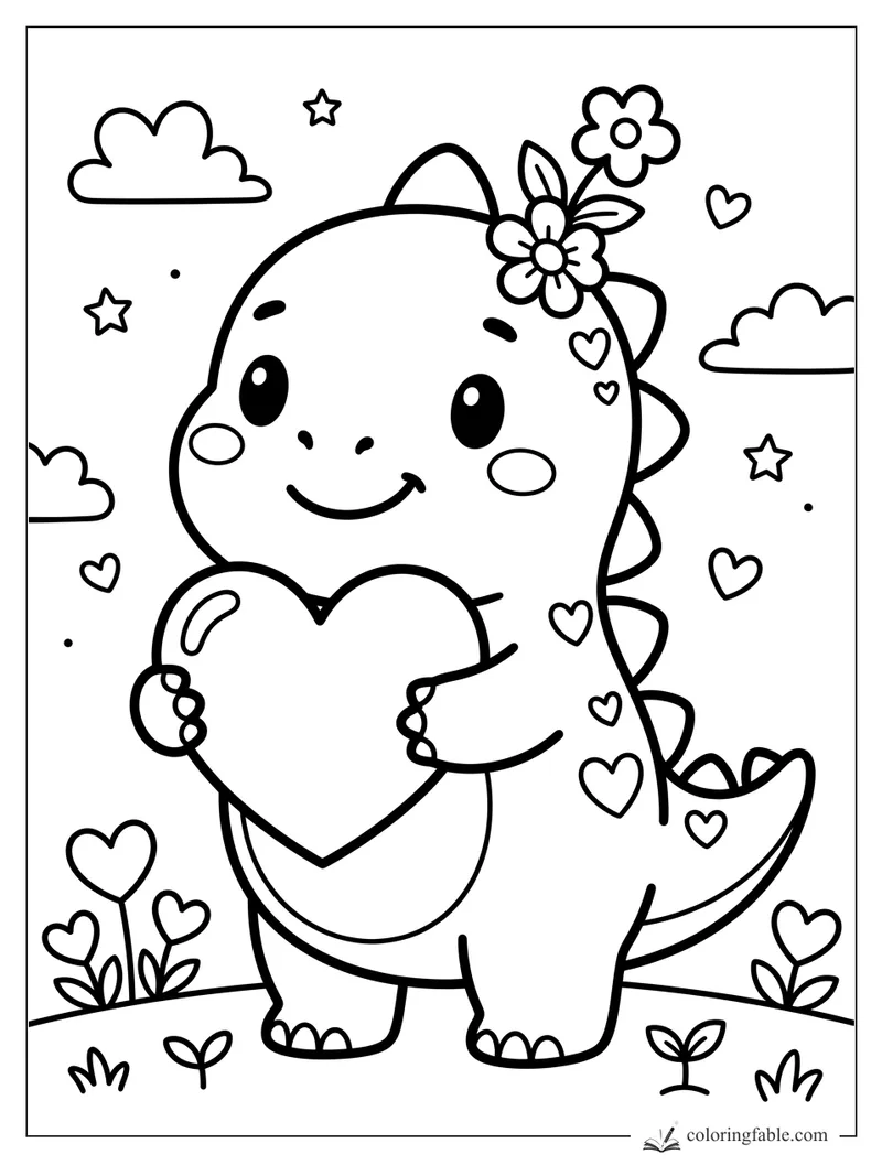 Kawaii dinosaur holding a big heart with flowers, clouds, stars, and tiny hearts around it.