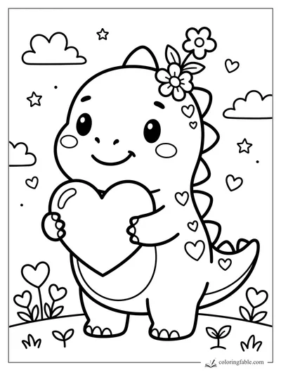 Kawaii dinosaur holding a big heart with flowers, clouds, stars, and tiny hearts around it.
