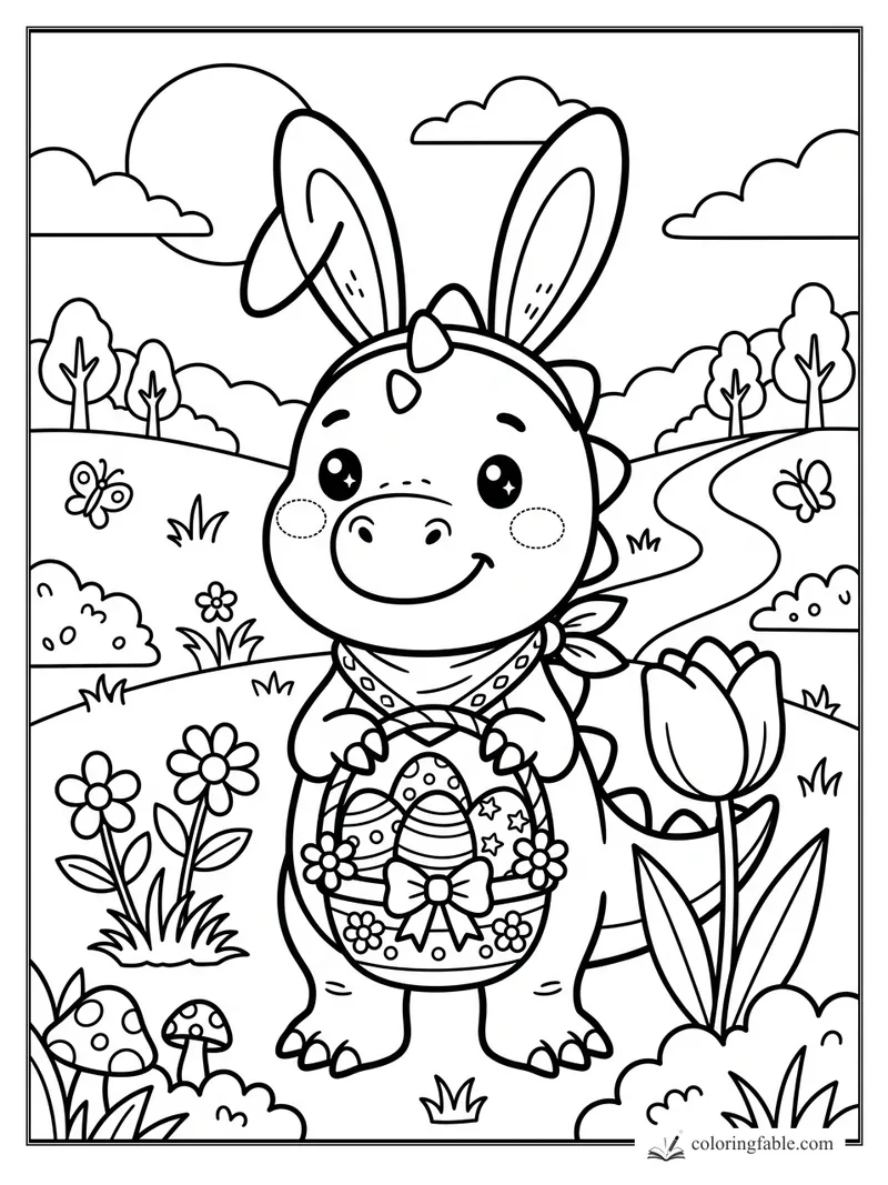 Kawaii dinosaur wearing bunny ears and holding a decorated egg basket in a flower meadow.