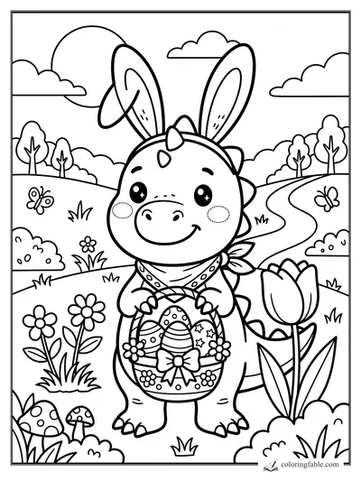 Kawaii dinosaur wearing bunny ears and holding a decorated egg basket in a flower meadow.