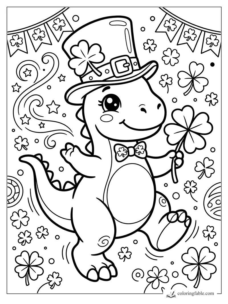 Kawaii dinosaur in a leprechaun hat holding a shamrock amid banners, stars, and clovers.
