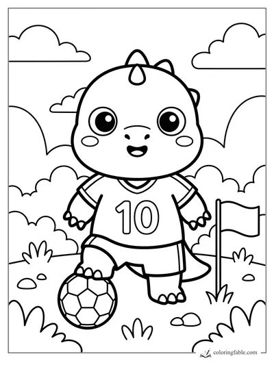 Kawaii dinosaur in a number 10 soccer jersey with one foot on a ball beside a corner flag.
