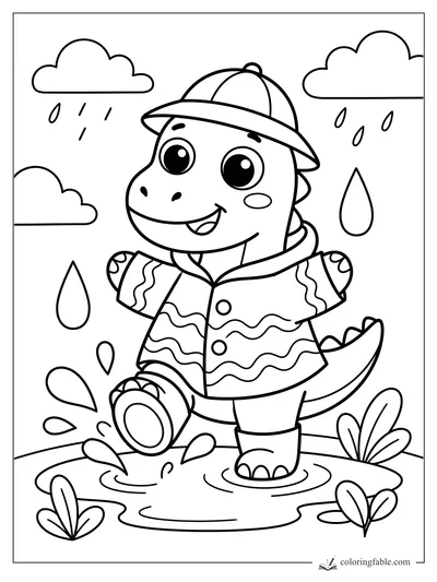 Kawaii dinosaur in a raincoat and cap splashing through puddles under rainy clouds