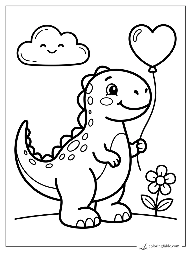 Kawaii dinosaur holding a heart balloon beside a flower and smiling cloud coloring page