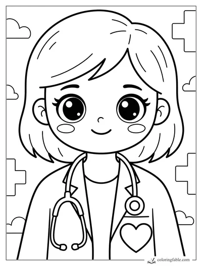 Kawaii girl doctor with stethoscope, heart pocket, big eyes, clouds, and medical cross shapes.
