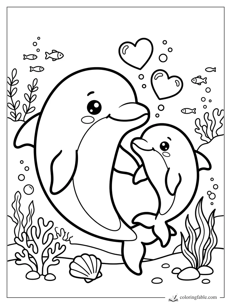 Kawaii adult and baby dolphins hugging with heart bubbles, fish, seaweed, coral, and a seashell.