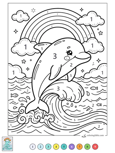 Kawaii Dolphin Leaping Under a Rainbow — color by number