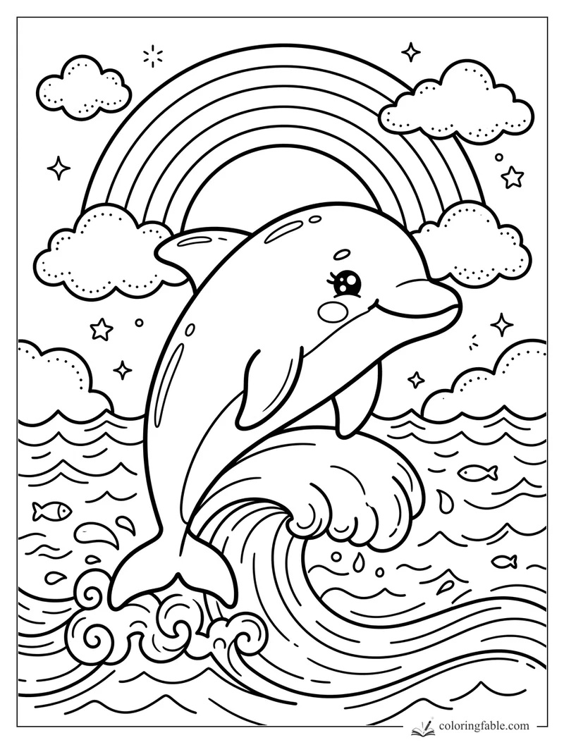 Kawaii dolphin leaping from a curling wave beneath a rainbow, clouds, stars, and tiny fish.