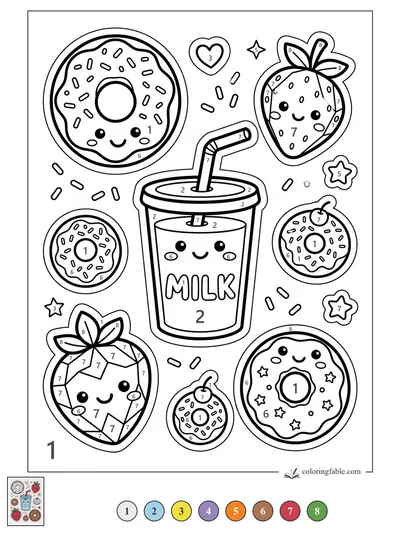 Kawaii Donuts, Strawberries, and Smiling Milk Cup — color by number