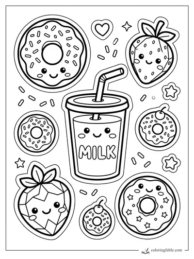 Sticker-style donuts, strawberries, stars, sprinkles, and a smiling milk cup with straw.