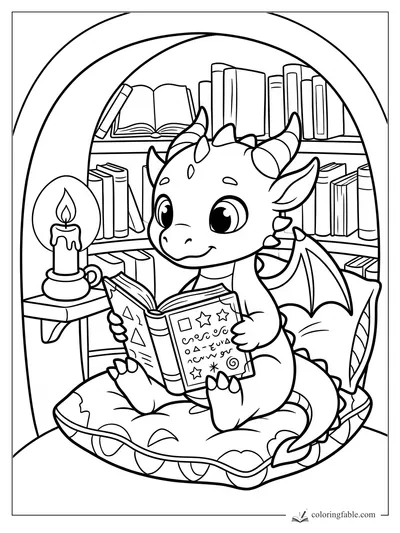 Kawaii dragon reading a symbol book on a cushion beside a candle and library shelves.