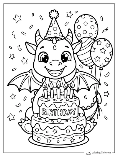 Kawaii dragon in a party hat behind a birthday cake with candles, balloons, confetti, and stars.