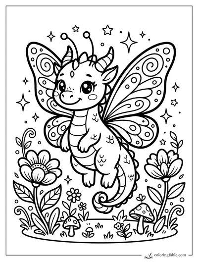Kawaii dragon with butterfly wings, spiral patterns, flowers, mushrooms, and stars to color
