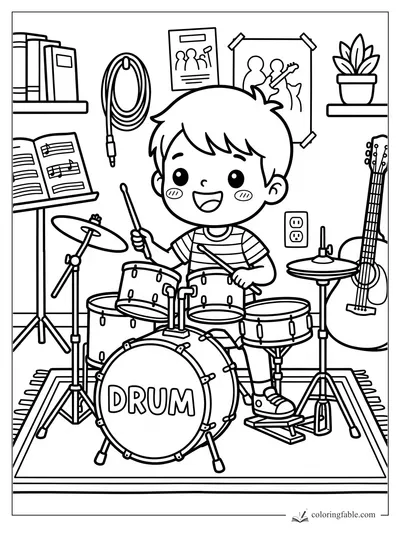 Kawaii boy playing a drum set with guitar, sheet music, posters, cables, books, and plant nearby