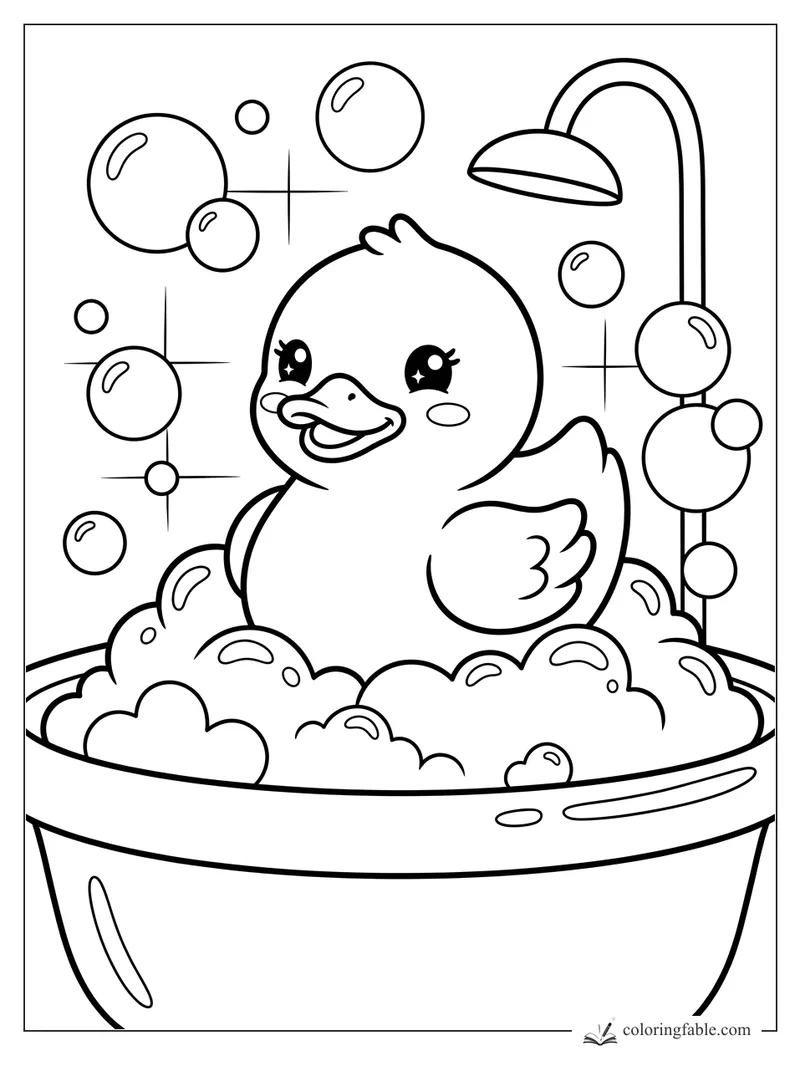 Kawaii duck smiling in a bubble bath with shower head, floating bubbles, and sparkles