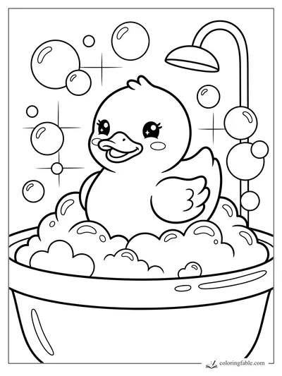 Kawaii duck smiling in a bubble bath with shower head, floating bubbles, and sparkles
