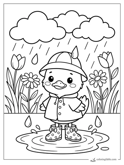 Kawaii duck in a raincoat, hat, and polka-dot boots standing in a puddle among flowers in the rain