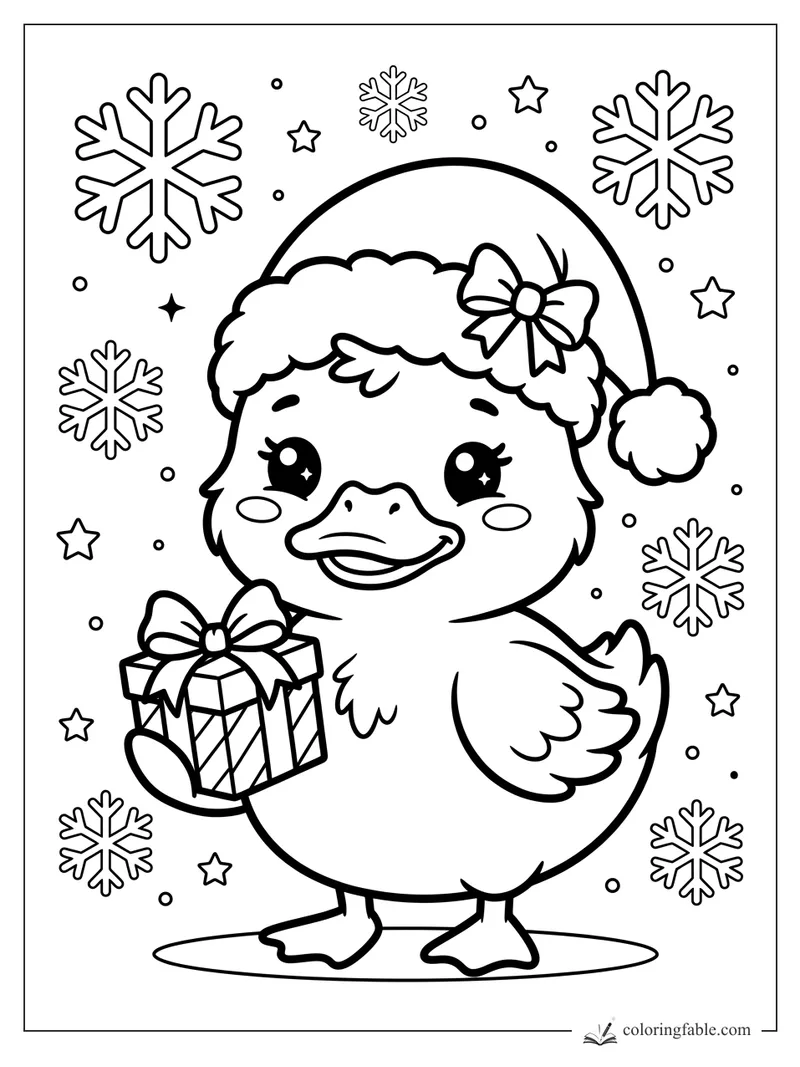 Kawaii duck in a Santa hat holding a ribboned gift, surrounded by snowflakes and stars.