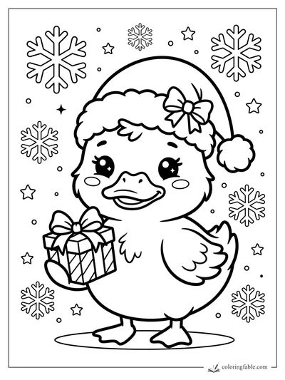 Kawaii duck in a Santa hat holding a ribboned gift, surrounded by snowflakes and stars.